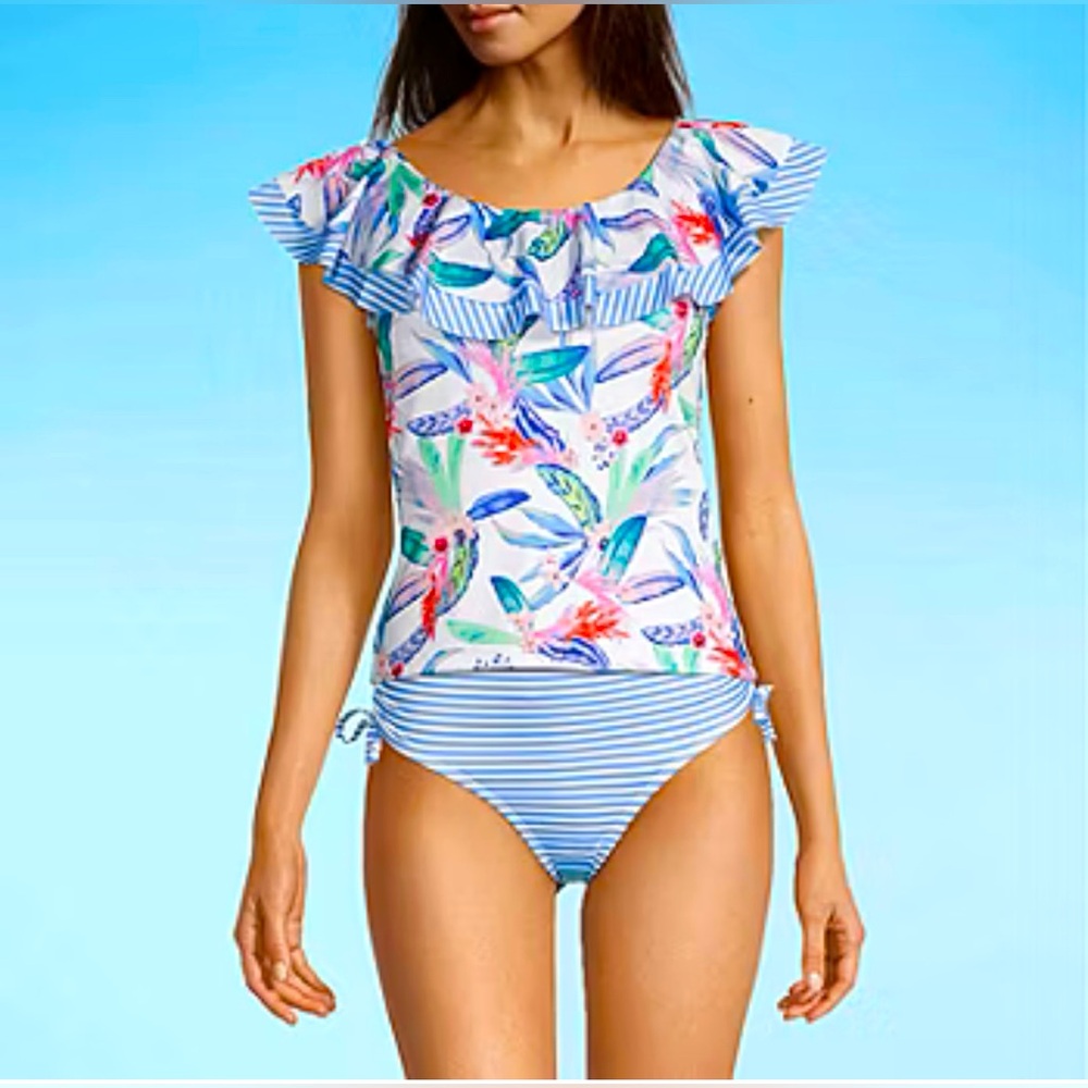 Outdoor Oasis Lined Tankini Ruffle Swim Top Only - White Tropical - XXL - NWT